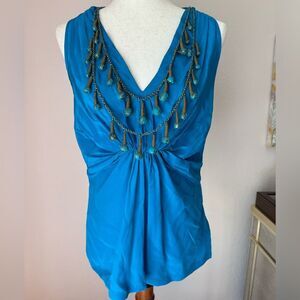 Vintage Anthropologie Ranna gill top, attached bead necklace silk turquoise M